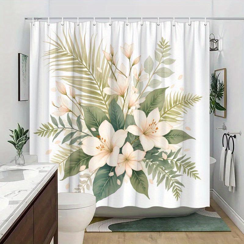 1pc Beige Floral & Palm Frond Shower Curtain - Soft Pastels, Serene Design, Polyester, 70.8x70.8In, 12 Hooks, Washable