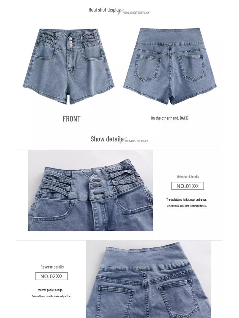 Damen Hellblaue High-Waist A-Linien Denimshorts: 2025 Koreanischer Sommerstil, Elastischer Bund, Lässiges Schwarzes Weitbein-Design