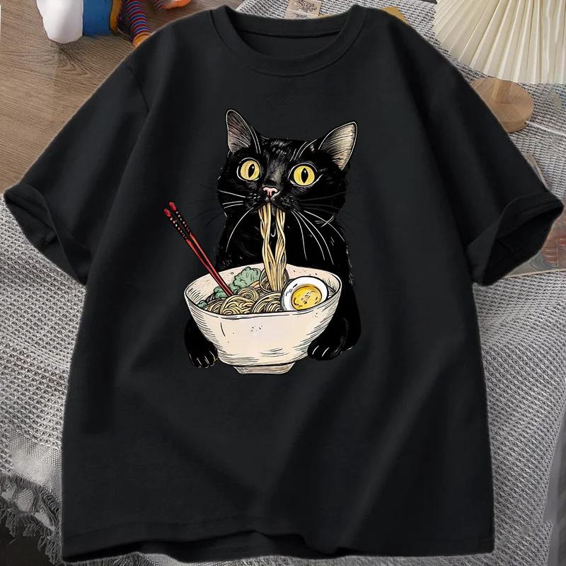 Noodle Ramen Cat T-Shirt Foodie Lover T Shirts Black Cat Noodle T-Shirts Retro Short Sleeve Tshirt for Men Women Clothes