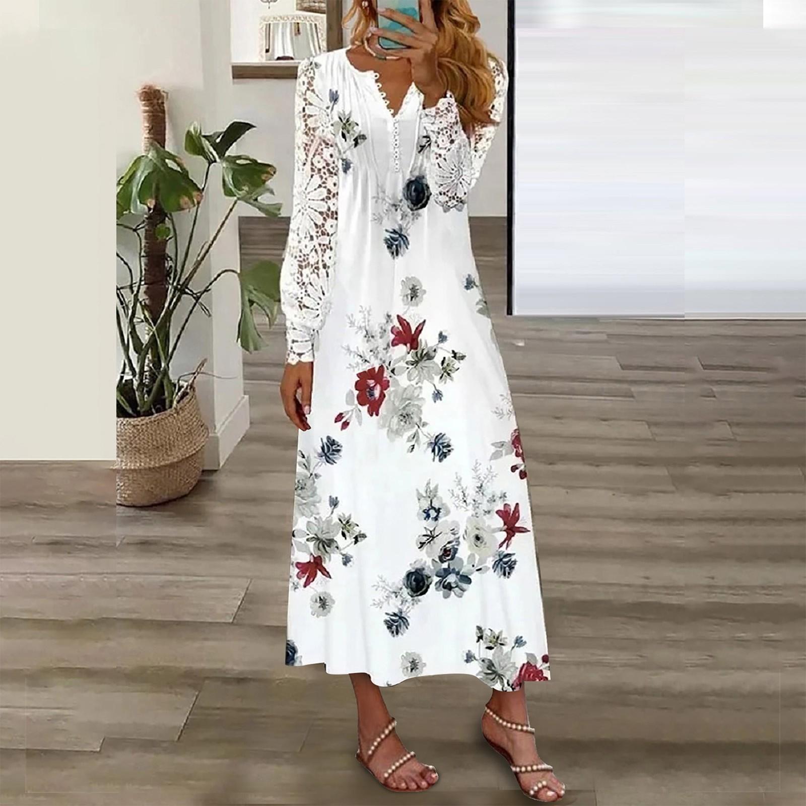 

Women s Lace Splice Long SLeeve Dress Summer Dress Party Dress Button V Neck Dress Printed Long Dress XXXL червоний