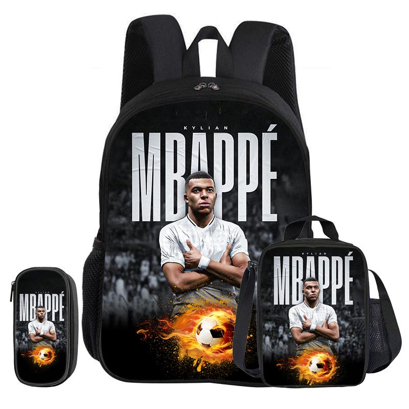 M-Mbappe 3-teiliges Set Schulrucksack Fußballstar Kind Rucksack Federmäppchen Tasche mit Brotdose Sportrucksack Kindergeschenk black