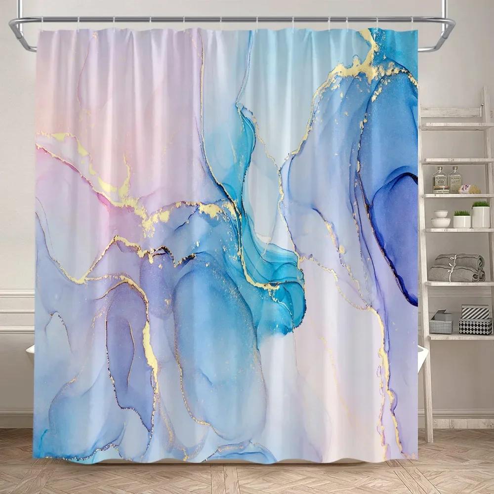 Abstract Pink Marble Shower Curtain Set Gold Textured Modern Geometric Ink Art Bathroom Decor Door Rug Bath Mat Toilet Lid Cover