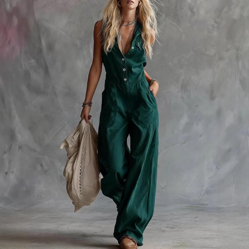 2026 Linnenmix Mouwloze V-hals Jumpsuit Hoge Taille Rechte Pijp Romper Dames Casual Straatkleding