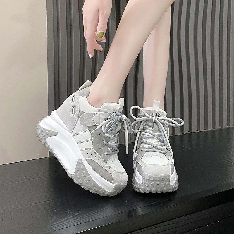 Fashion Women Platform Casual Breathable Leather Shoes New Autumn Chunky Sneakers 10.5CM Wedges Hidden Heels Leisure Sports Shoes Woman