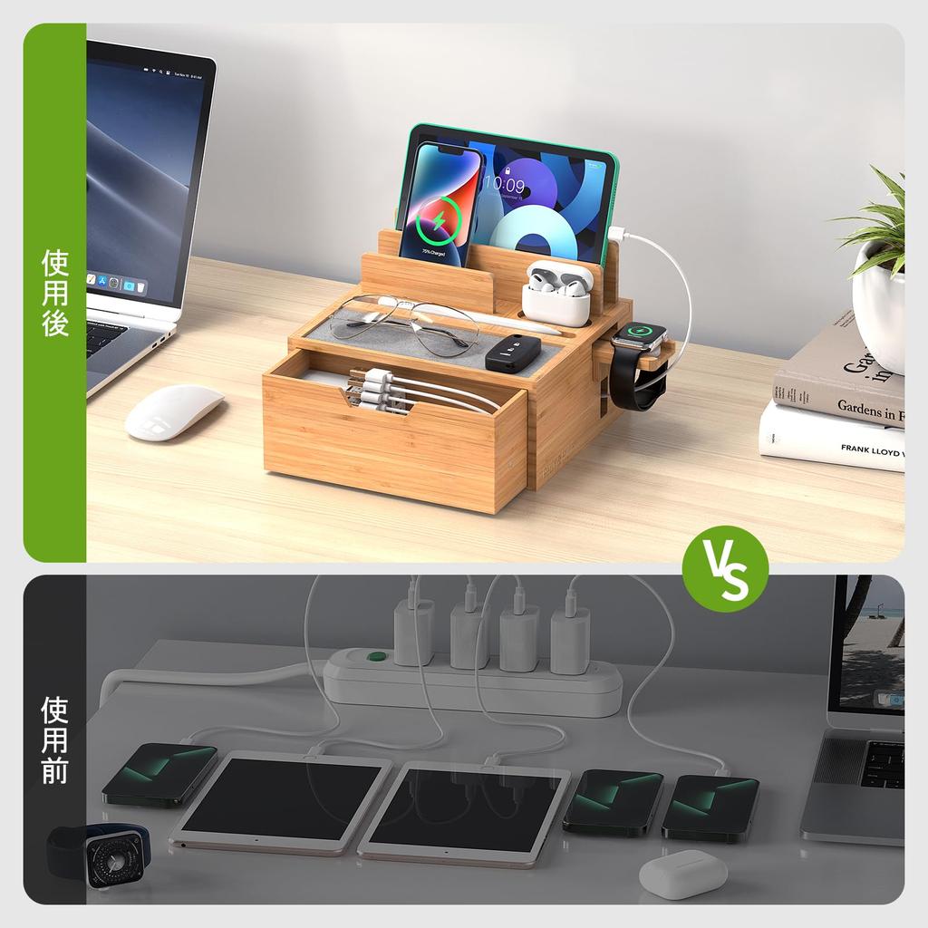 Pezin Hulin Stație de Încărcare Bambus Organizator de Depozitare de Masă Oferă o stație de încărcare pentru dispozitive multiple Încărcător USB nu este inclus Compatibil