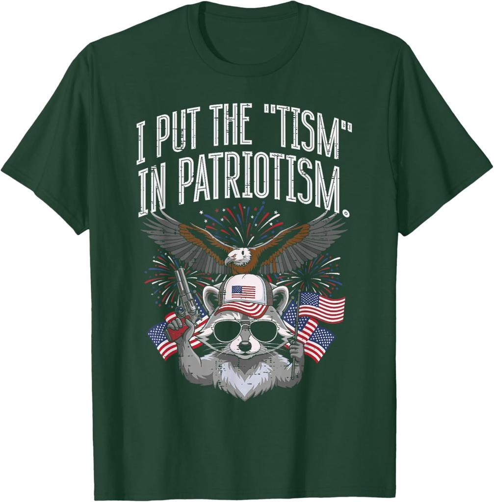 I Put The Tism In Patriotism Raccoon Funny Graphic Print Round Neck Cotton T Shirt Casual Tops
