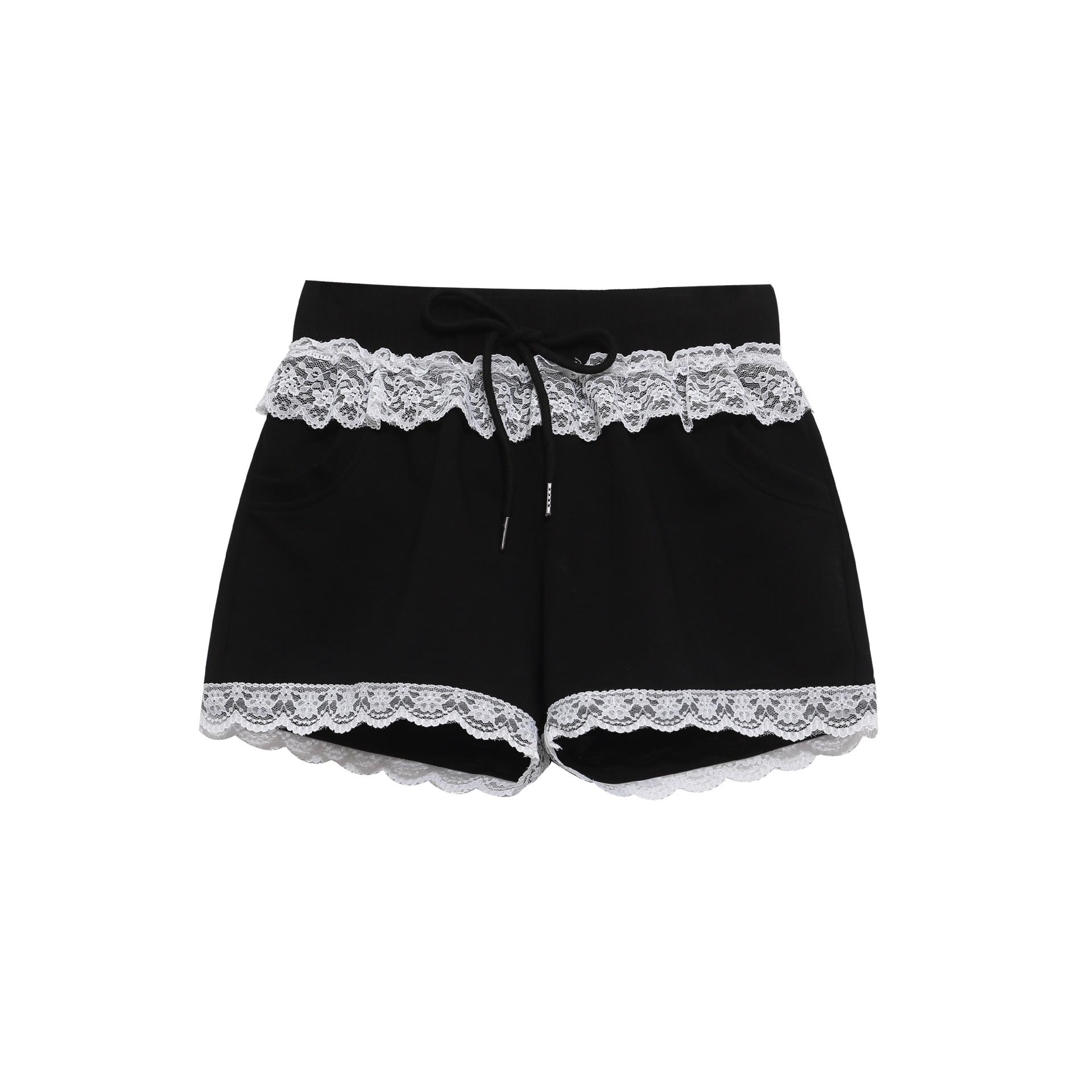 Summer 2026 Sweet Lace-Spliced Letter Print Casual Women s Shorts Large чёрный