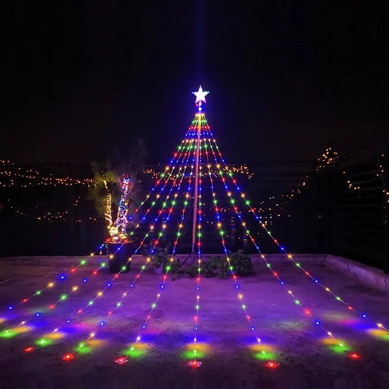 

2026 Christmas Tree Topper Star Waterfall Lights Timer Outdoor Garden Memory Fairy String Lights Garland Holiday Lighting