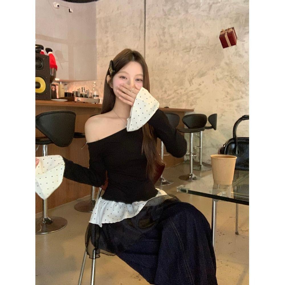 Women's Gray Slim-Fit Off-Shoulder Fur Collar Long-Sleeve Top for Autumn/Winter