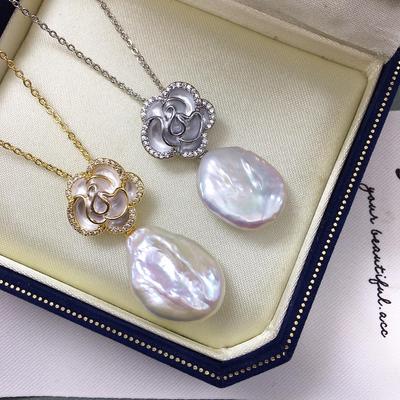 Zhuji Classic Camellia Baroque Pearl Pendant Necklace with Micro-Paved Zircon