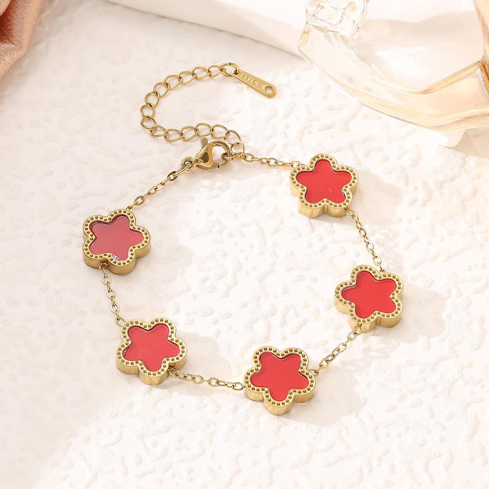 SHEIN 18K Gold-Plated Five-Petal Flower Jewelry Set: Bracelet, Necklace & Stud Earrings In Non-Fading Titanium Steel