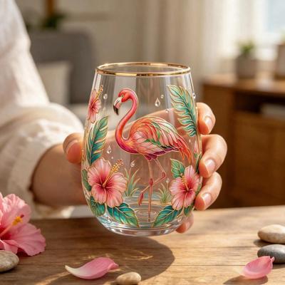 Bicchiere in Vetro Farfalla Fenicottero Tazza Giardino Fiorito Dipinta a Mano Vino Succo