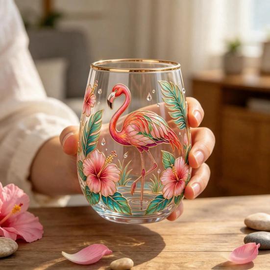 Bicchiere da cocktail Farfalla Fenicottero, Tazza Giardino Fiorito Dipinta a Mano, Bicchiere da Vino Succo con Bordo Dorato, Regalo Unico per Lei