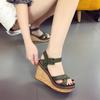 New Slope Heel One-word Buckle Suede Open-toed Sandals Waterproof Table Heightening Belt Buckle Europe and America