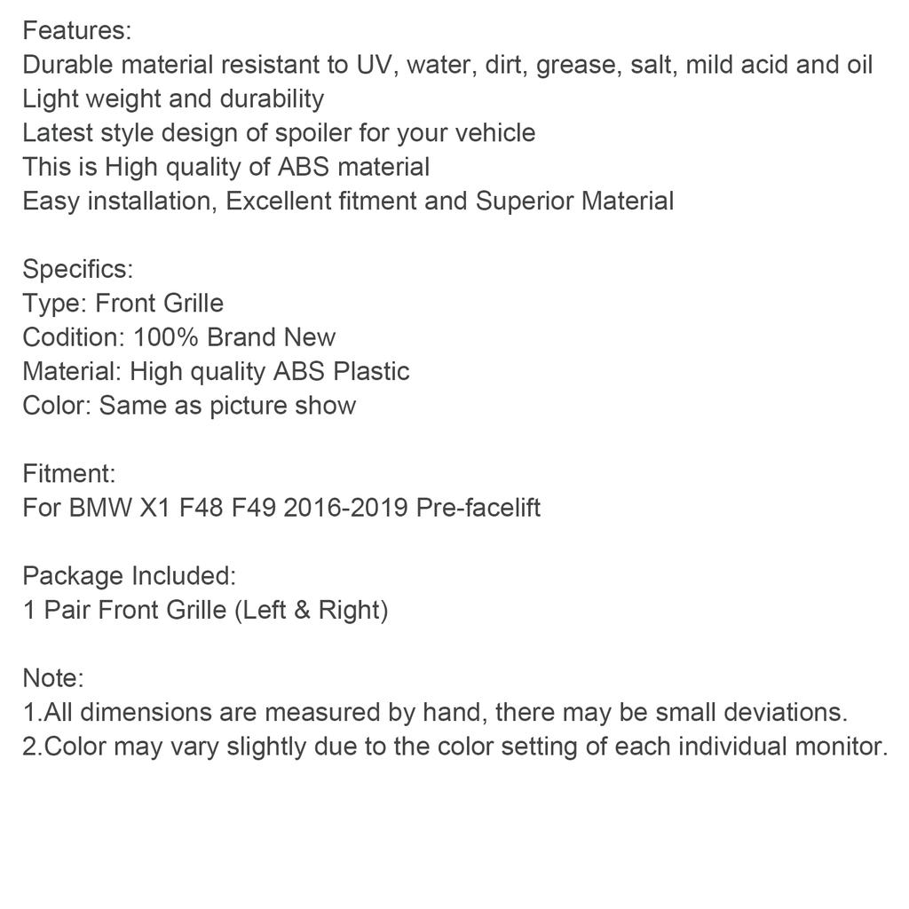 2PCS Gloss Black Front Kidney Grille Grill Fit BMW X1 F48 F49 2016-2018