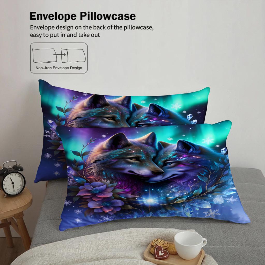Wolf Couple Bedding Set Blue Purple Aurora Floral Print Bedding Set With Duvet Cover Pillowcases For Bedroom Decor