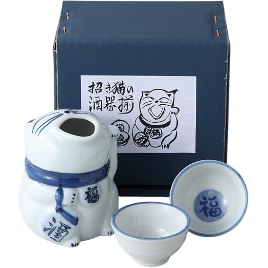 Ale-net Maneki-neko Sake-Set, Tokkuri (Sake-Flasche) und Ochoko (Sake-Tasse), 8×8,5×H9,5cm, 300cc, Porzellan