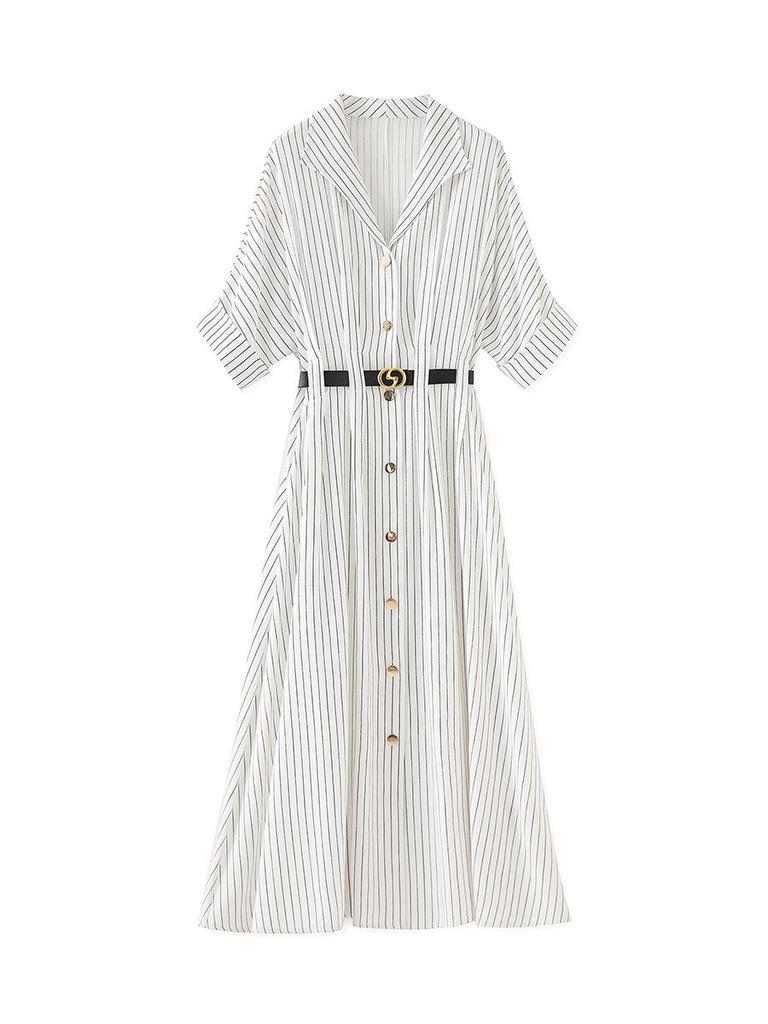 Women's Summer Striped Shirt Dress - High-End, Single-Breasted with Waist-Defining Fit