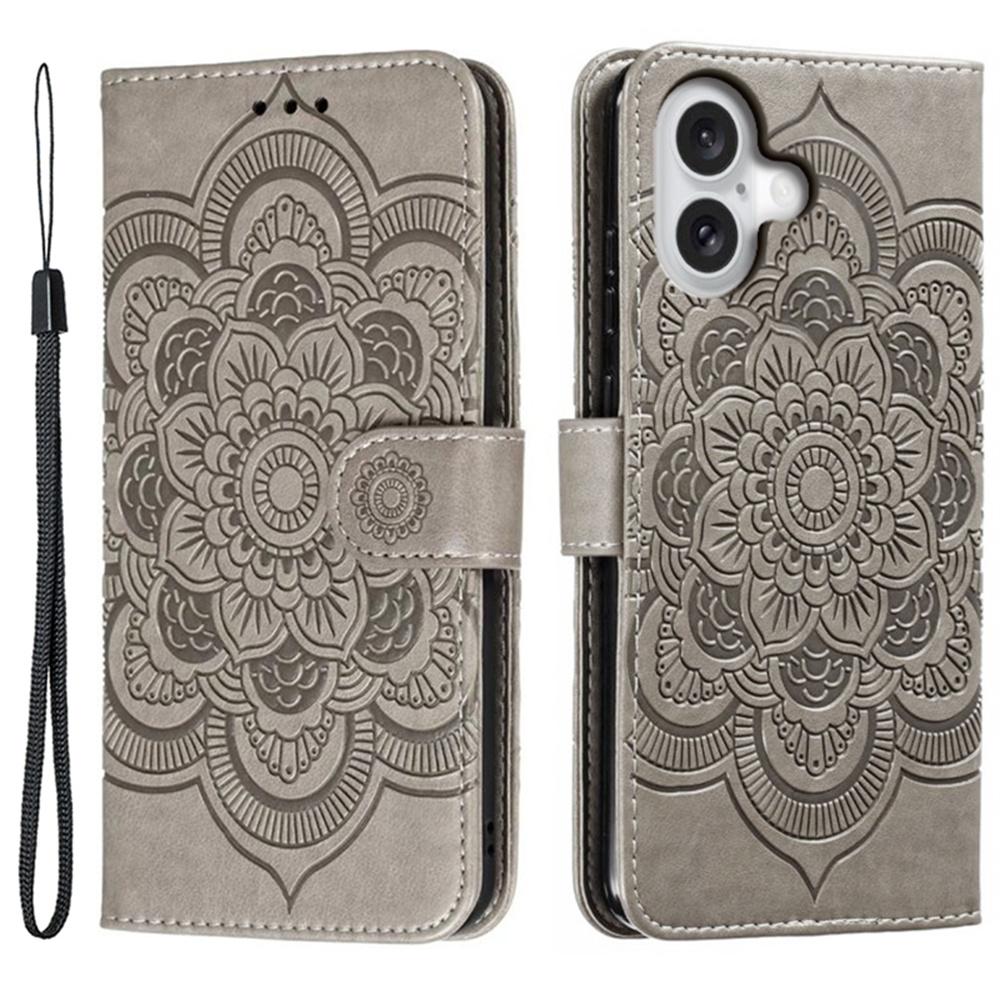 

For iPhone 16 Case PU Leather Mandala Imprinted Design Wallet Phone Cover Grey