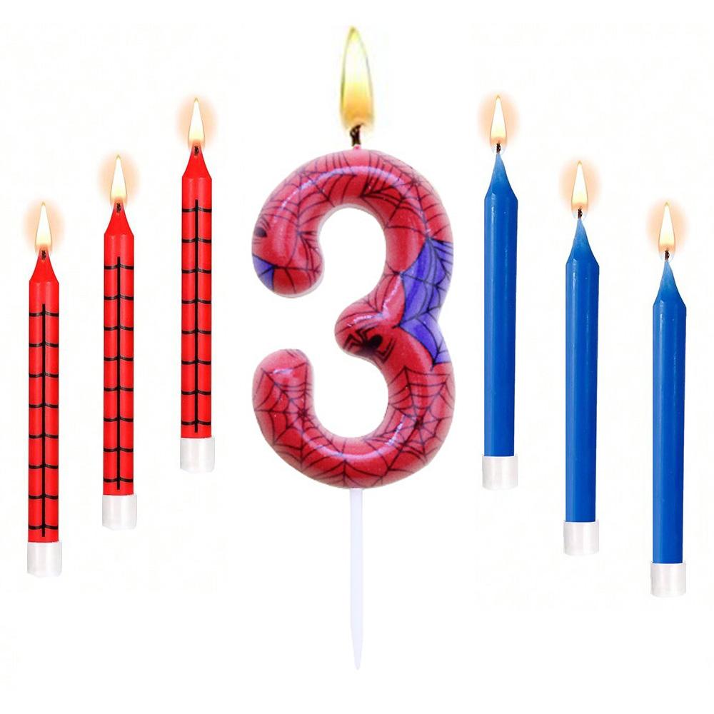 7pcs Red Blue Spider 8th Birthday Number Candles, Number 0-9 Candle Cake Topper Decorations for Spider Cartoon Themed Parties