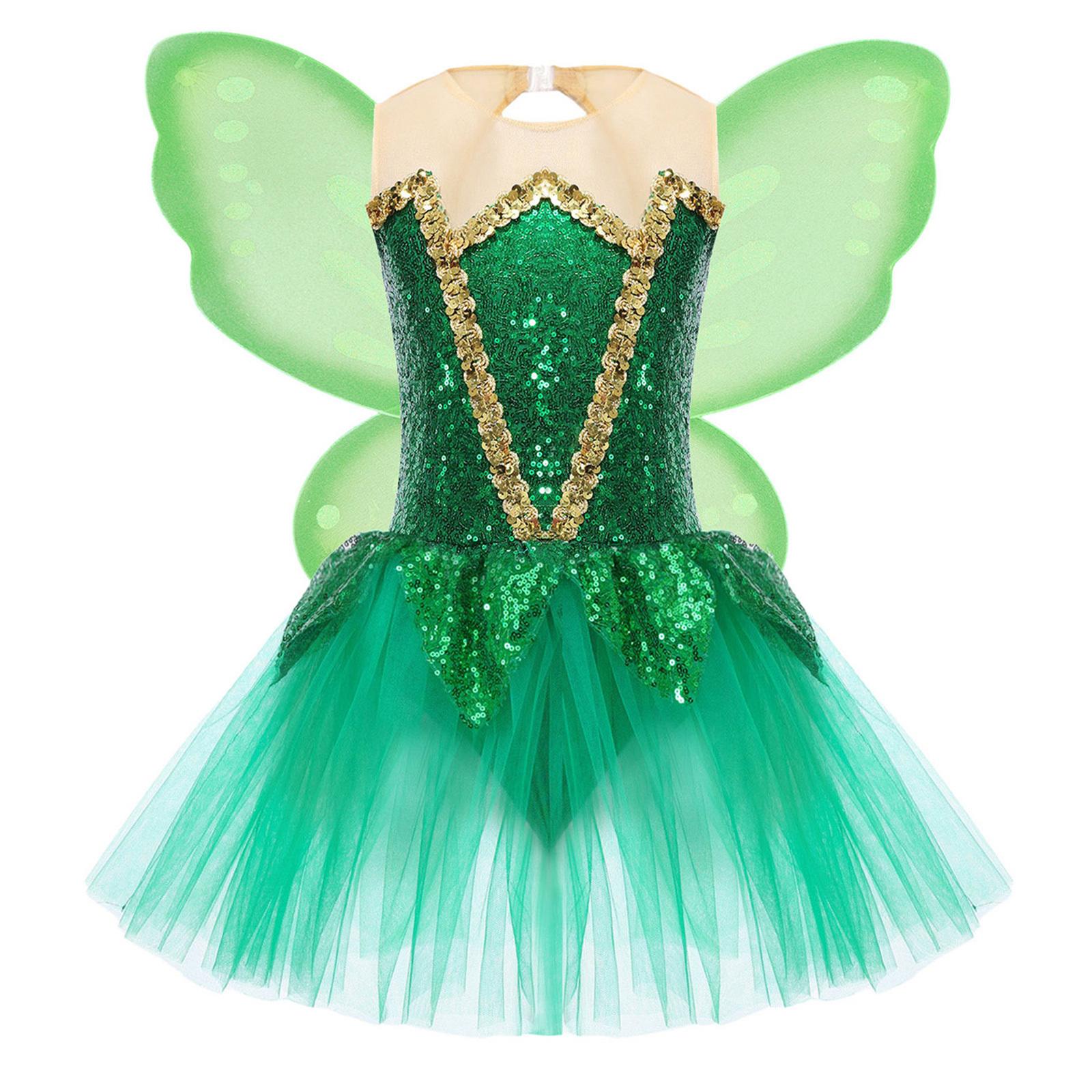 

Костюм эльфа для девочки, крылья бабочки, блестящие пайетки, платье-пачка без рукавов, наряд для ролевой игры на Хэллоуин 5-6 Years зелёный
