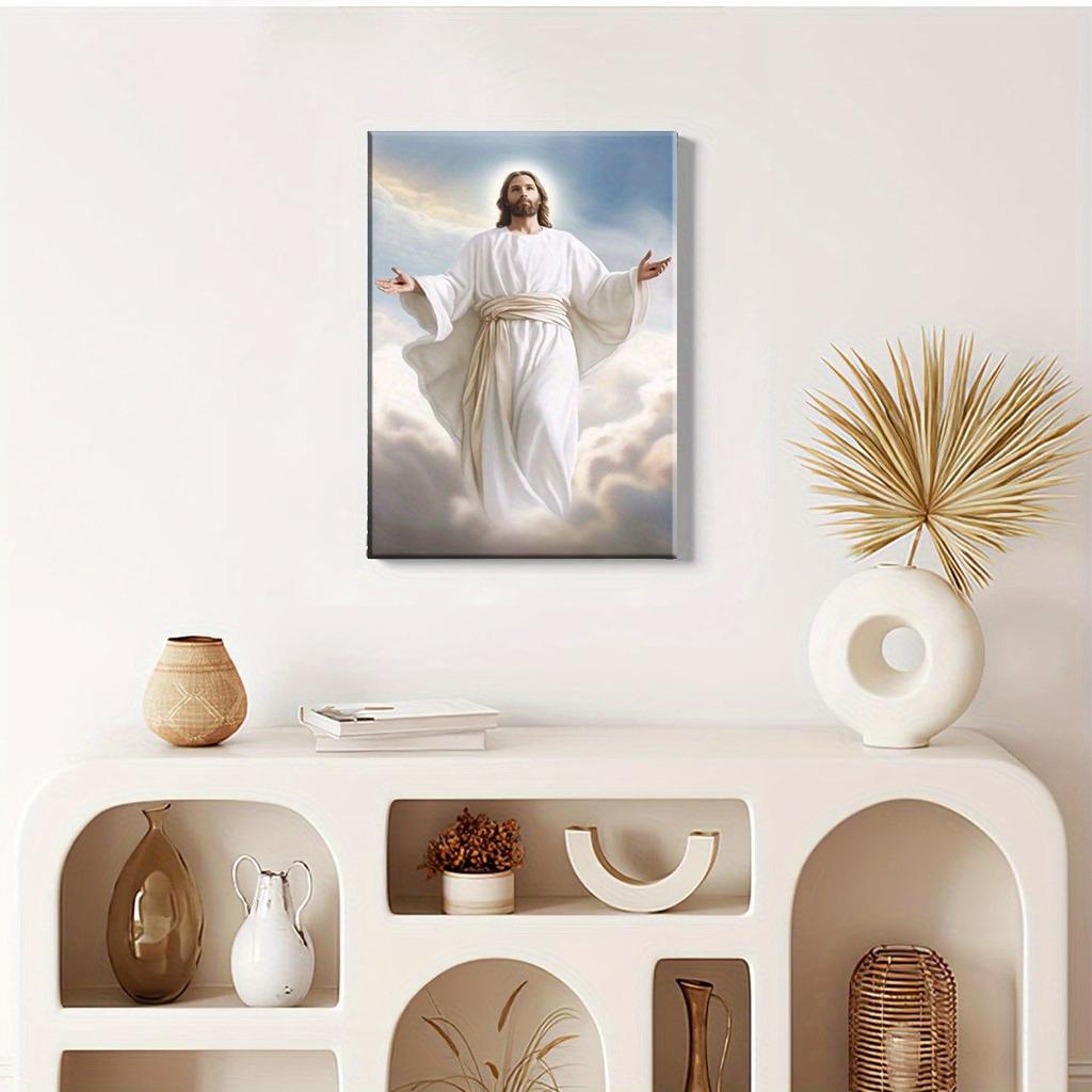 Moderne Bohemian Jesus Christus Wandkunst - Geeignet für Zuhause, Kirche, Bürodekoration mit heiligem Licht & Wolken, Gelassenes religiöses Gemälde