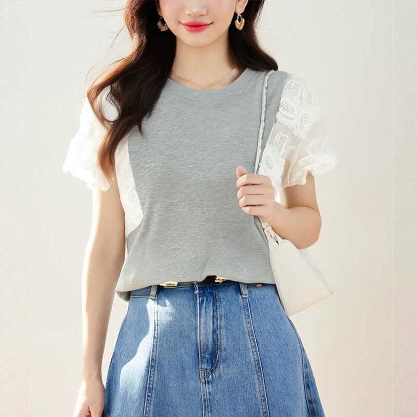 Summer new round neck loose embroidery splicing short-sleeved t-shirt women s unique top S серый