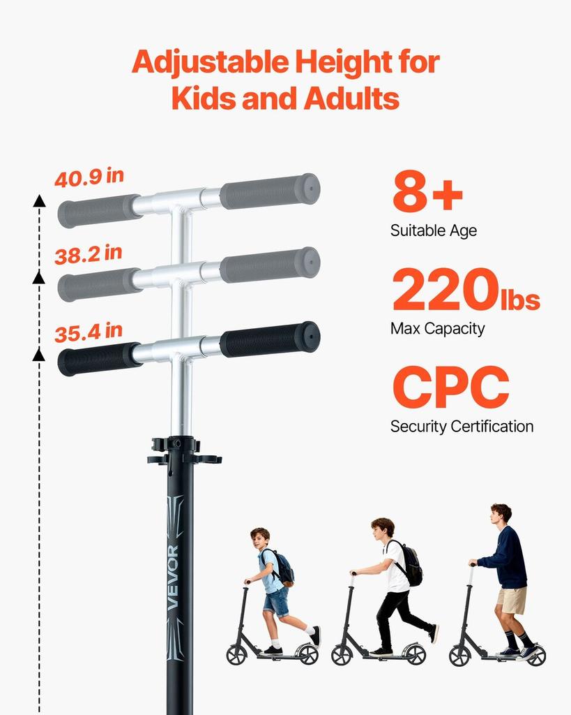 Kick Scooter for Kids Ages 8+, Teens & Adults, 2-Wheel Toddler Scooter with Adjustable Height Handlebar, Wide Anti-Slip Deck, Foldable Lightweight