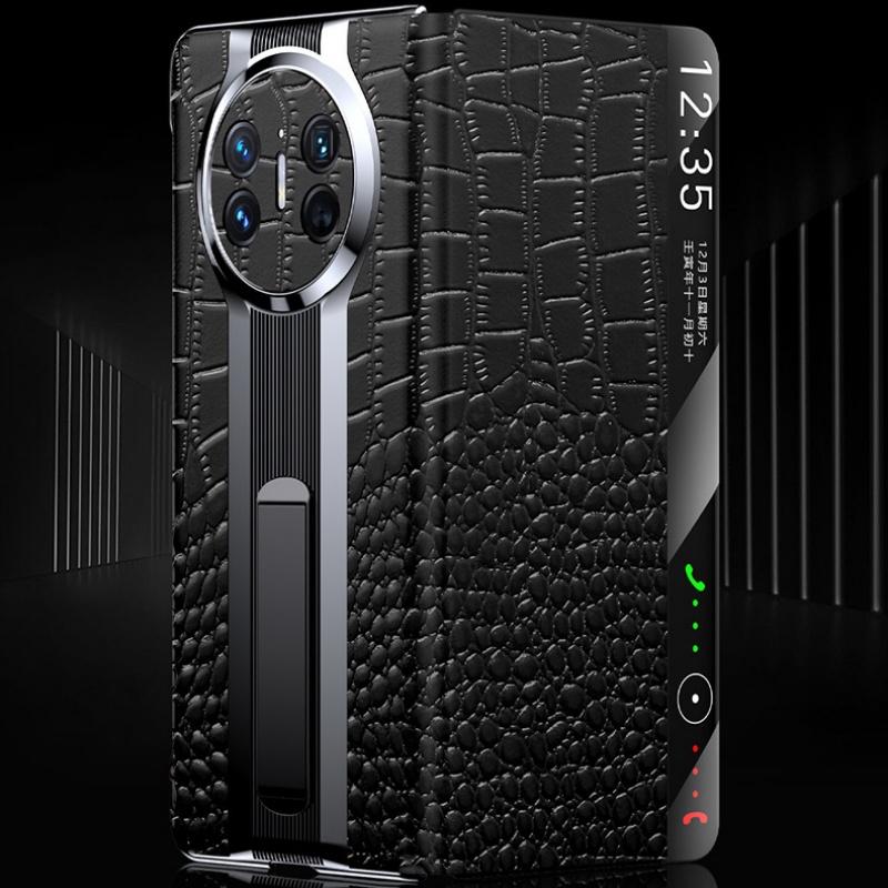 Luxury Genuine Leather Crocodile Flip Case For Huawei Mate X6 X5 X3 Smart View Window Invisible Metal Kickstand Case Cover