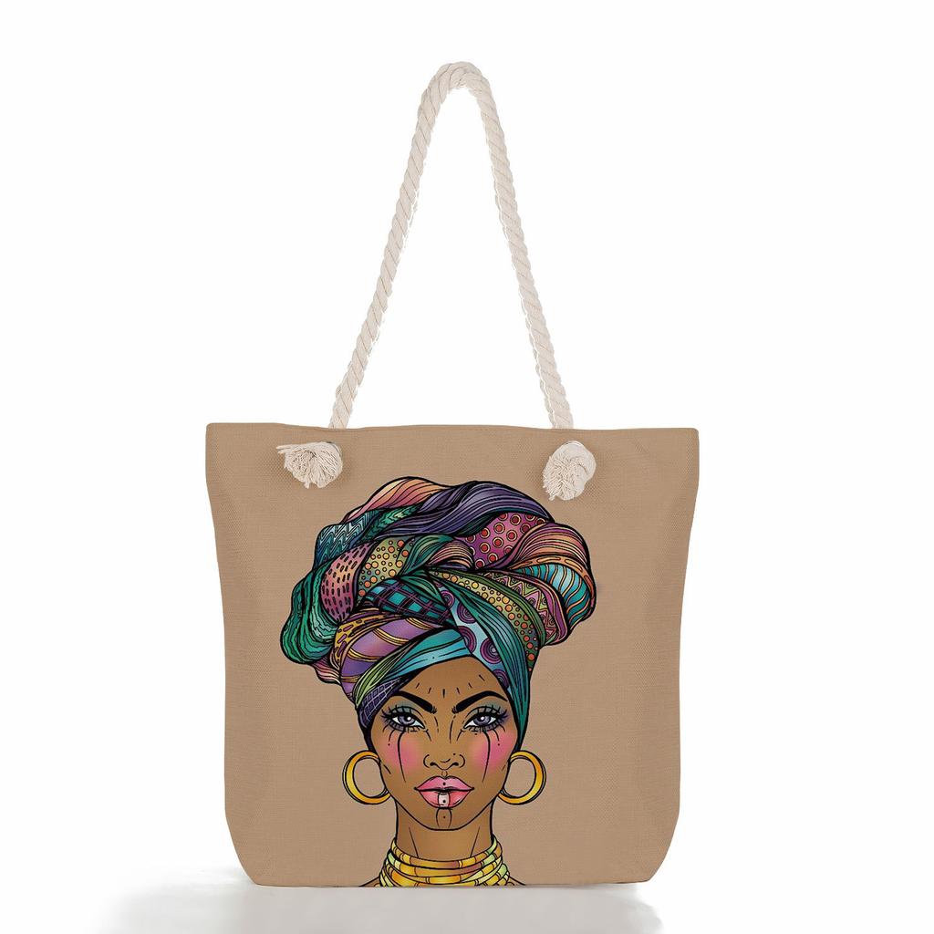 Multifunctional Black Girl Printed Thick Rope Shoulder Beach Bag Casual Large Capacity Handbag 0105