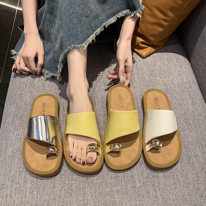 New one-pedal toe slippers women's summer wear metal buckle versatile flat bottom one-word cool slippers
