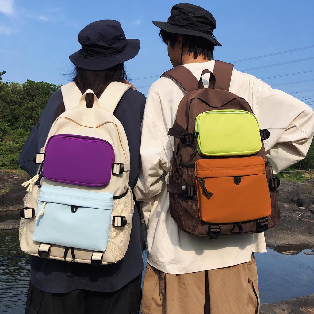 School bag, simple color-block nylon backpack for women, Korean style high school and college student backpack, fashionable large capacity