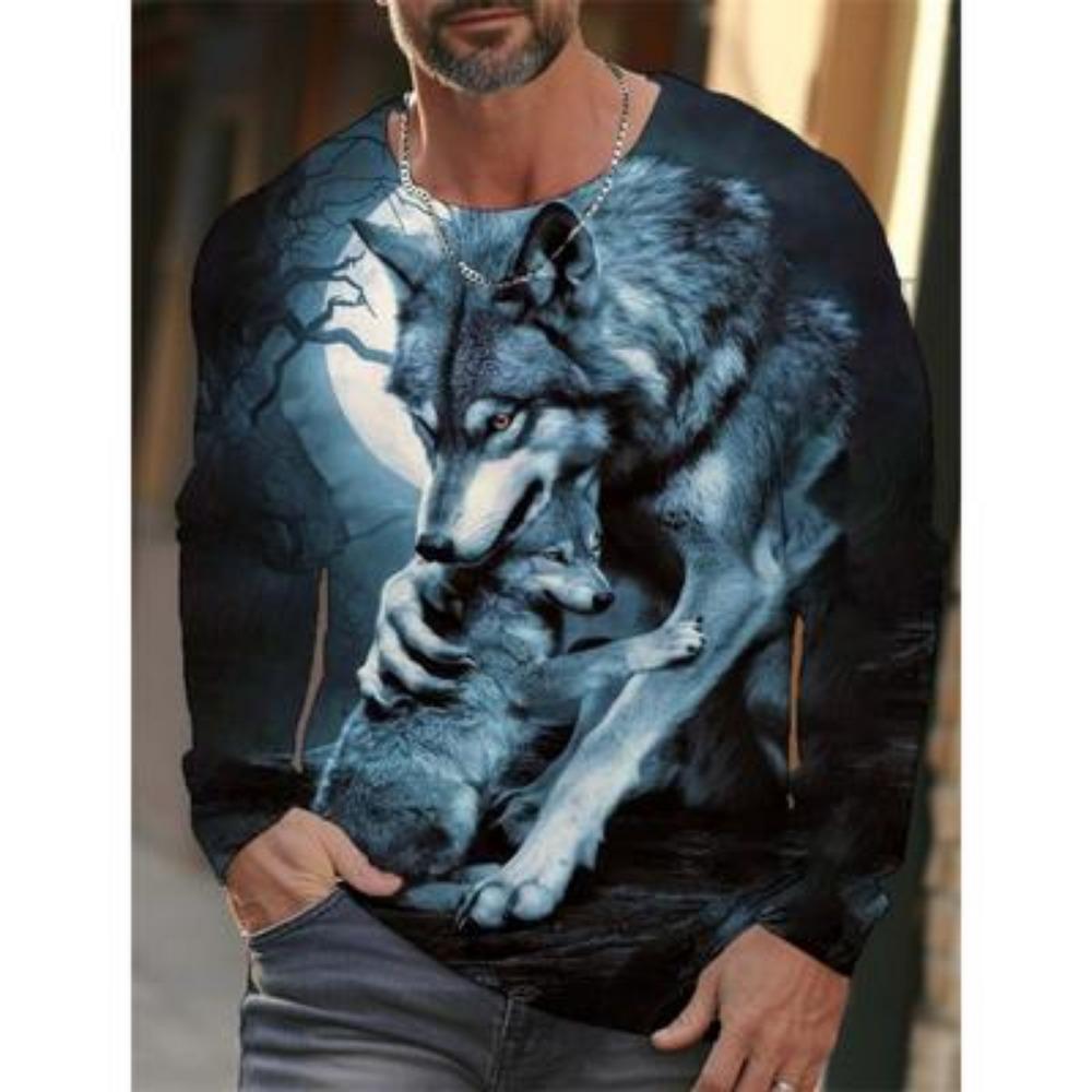 Men Long Sleeve T‑Shirt Wolf Animal Print Crewneck Top,Nature Landscape Graphic Casual Street Daily Wear Apparel