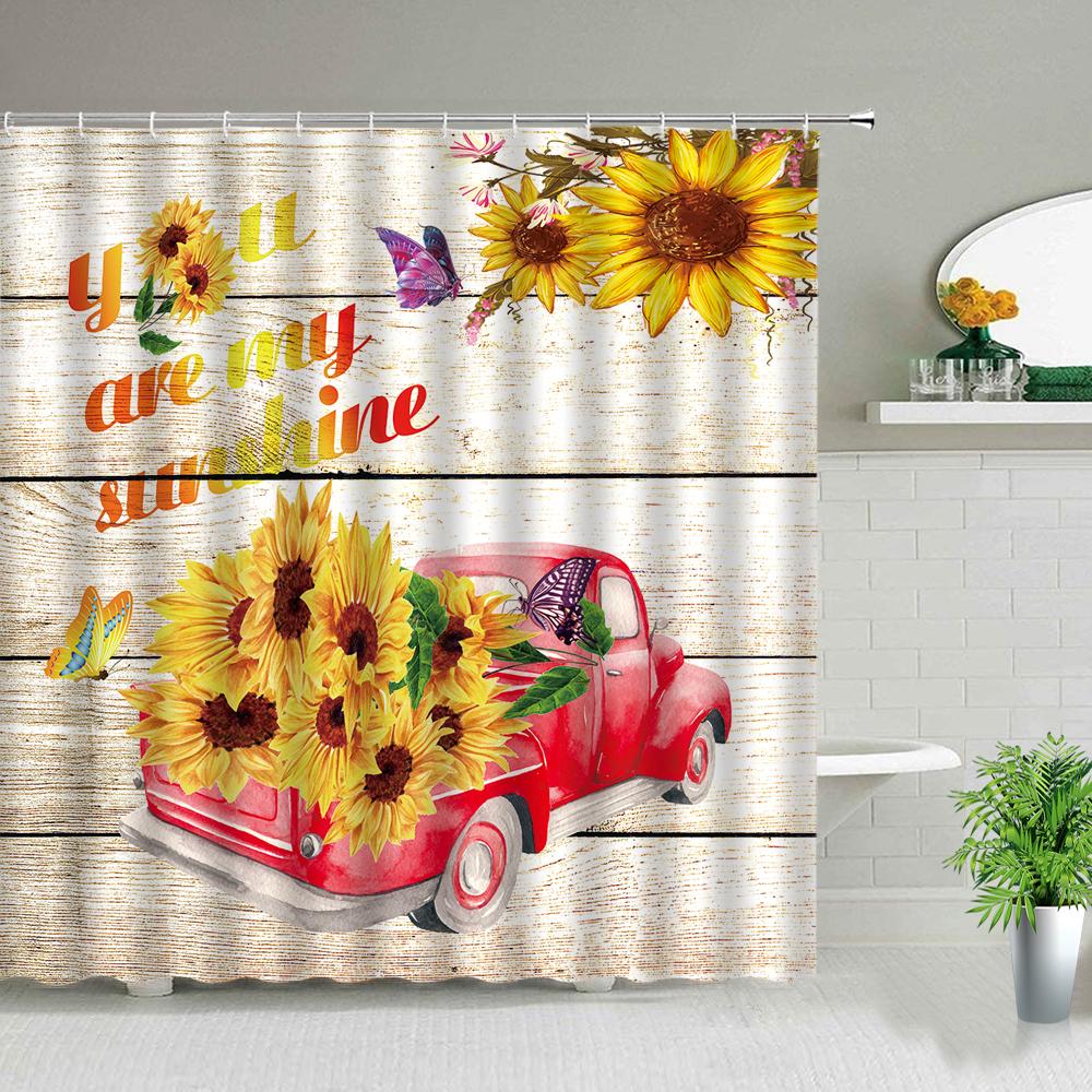 

Tulip Flower Shower Curtain Farm Truck Sunflower Plant Butterfly Scenery Print Bathroom Decor Screen Bath Curtain With Hooks W60H190(CM)-1 Pcs