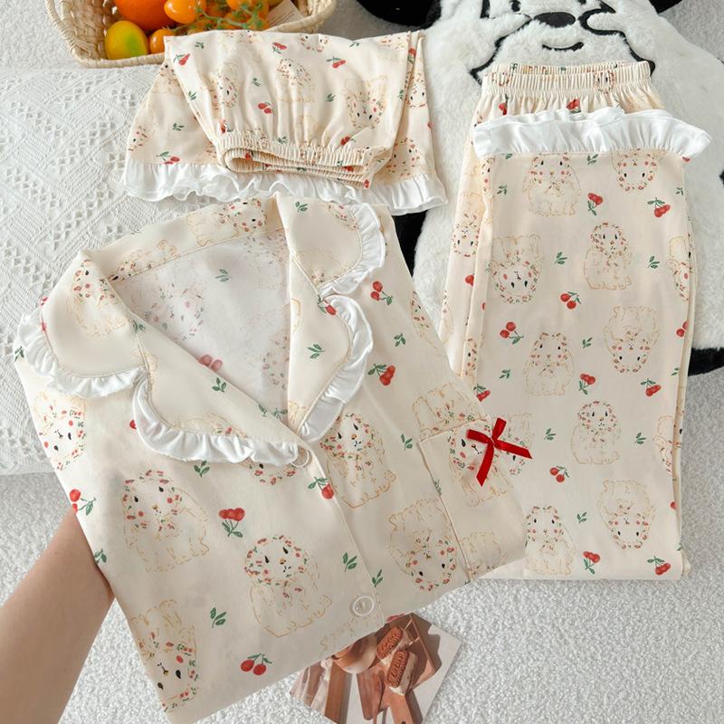 

Пижамный комплект из трех предметов женский летний с коротким рукавом Mori Bunny Style, высококачественная имитация хлопка с отделкой 2XL