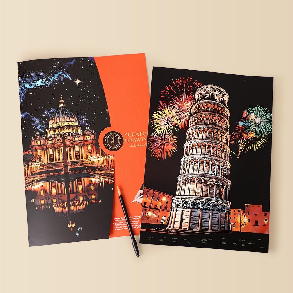 4Pcs/Set A3 Diy Scratch Painting Set Colosseum Forbidden City Cherry Blossom Castle Night View Laser Scratch Art Drawing Toys