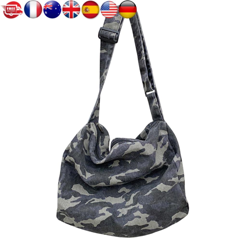 Canvas Messenger Bag Camouflage Hobo Crossbody Bag Large Capacity Japanese Washable Zipper for Leisure Travel Shopping Hand Bag