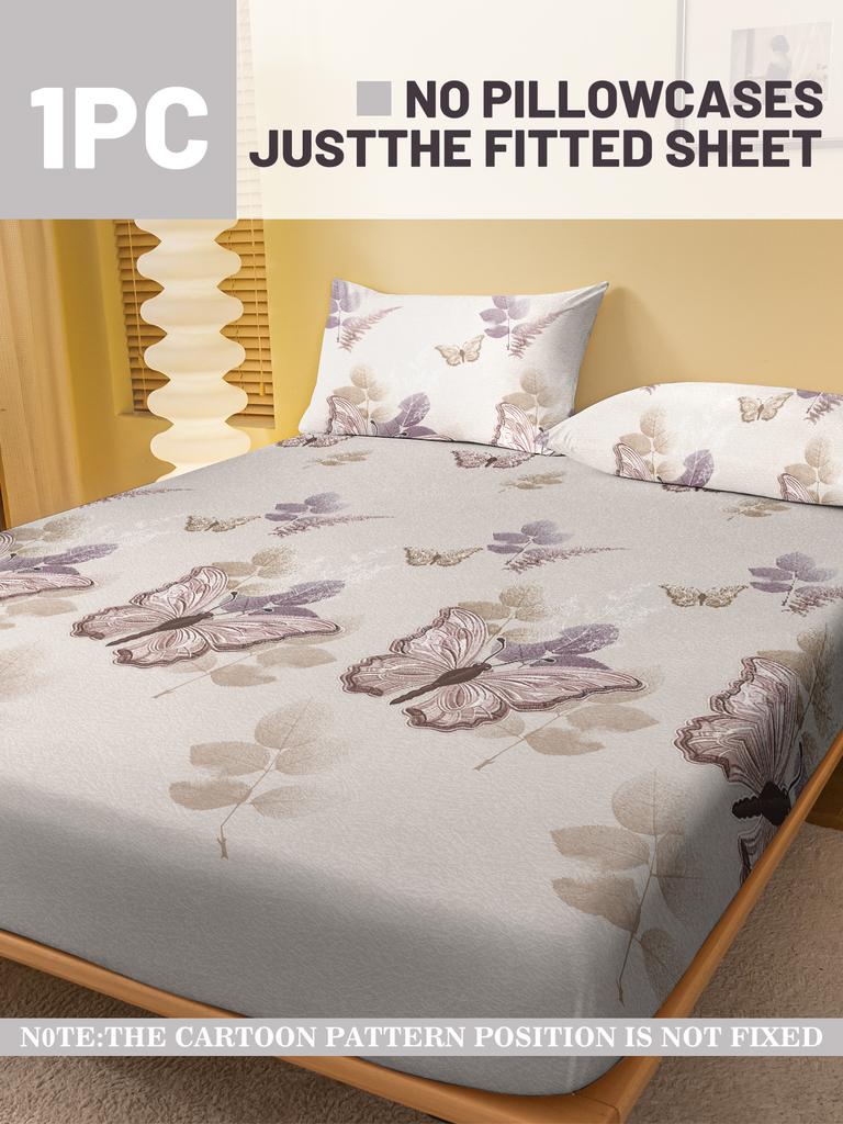 1Simple Modern Plant Flower Leaf Butterfly Printed Matte Fitted Sheet, Bedroom Printed Bed Cover, Bedding(Excluding Pillowcases)