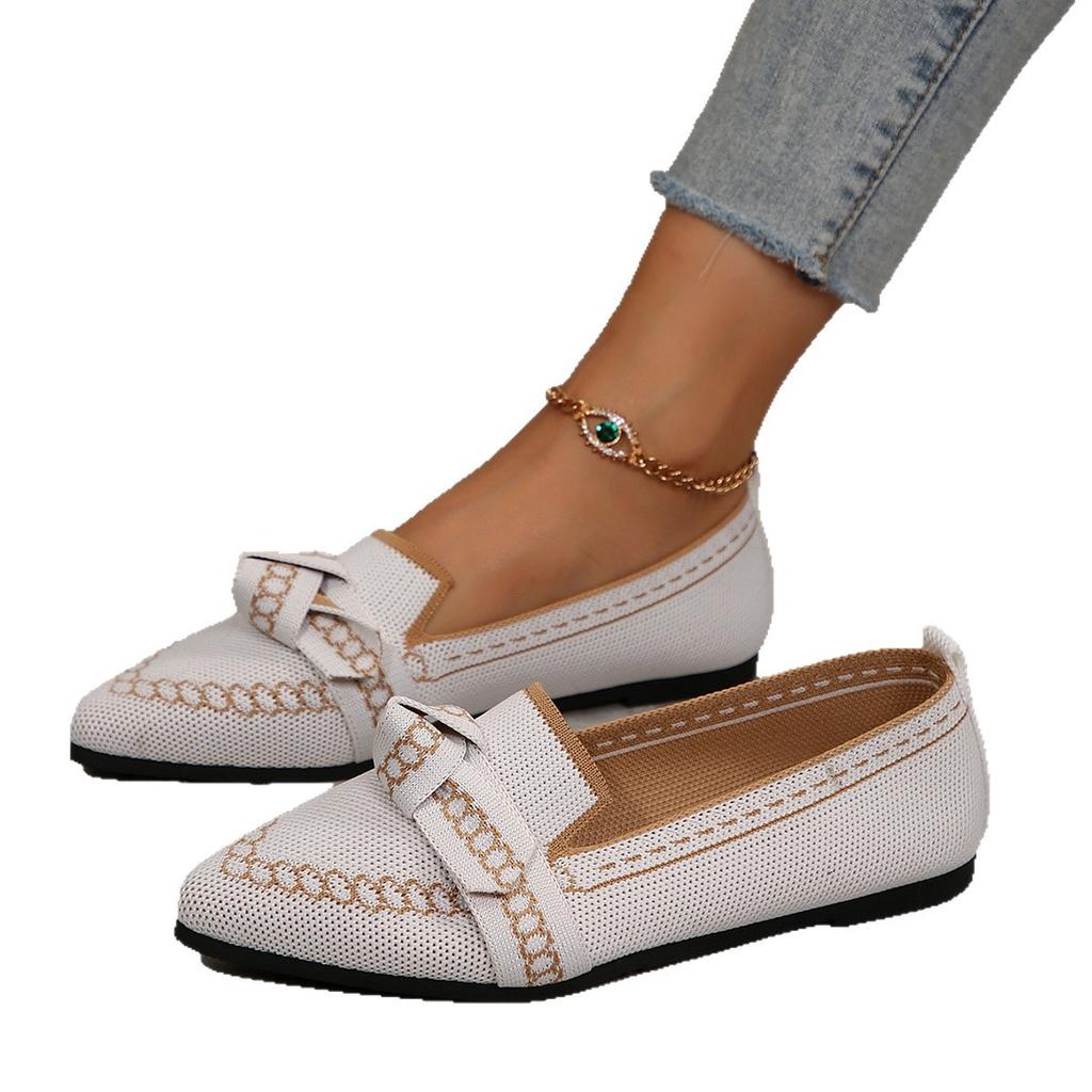 Flying woven mesh pointed large size flat sole shoes bow casual breathable shallow mouth shoes