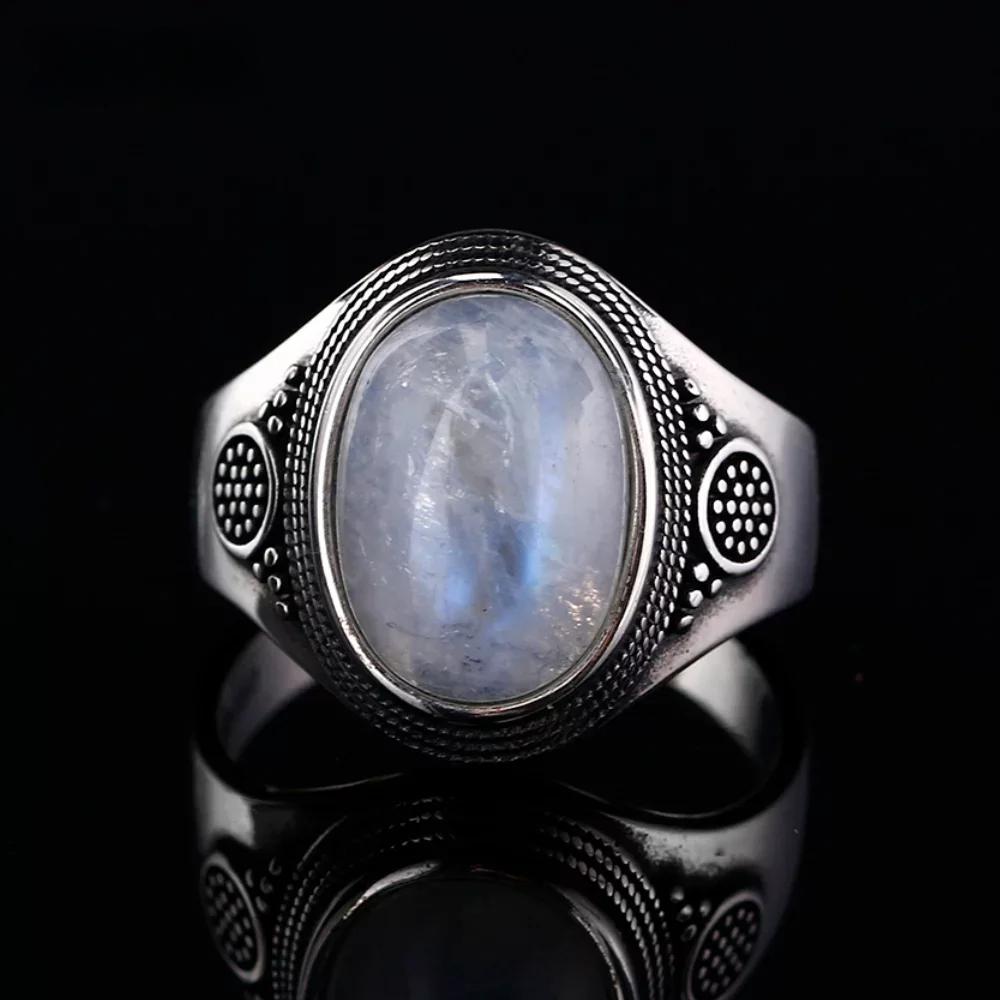 Vintage 925 Silver Ring Natural Moonstone Ring 10*14mm Oval Large Stone Retro Silver Fine Jewelry Gift For Women Men