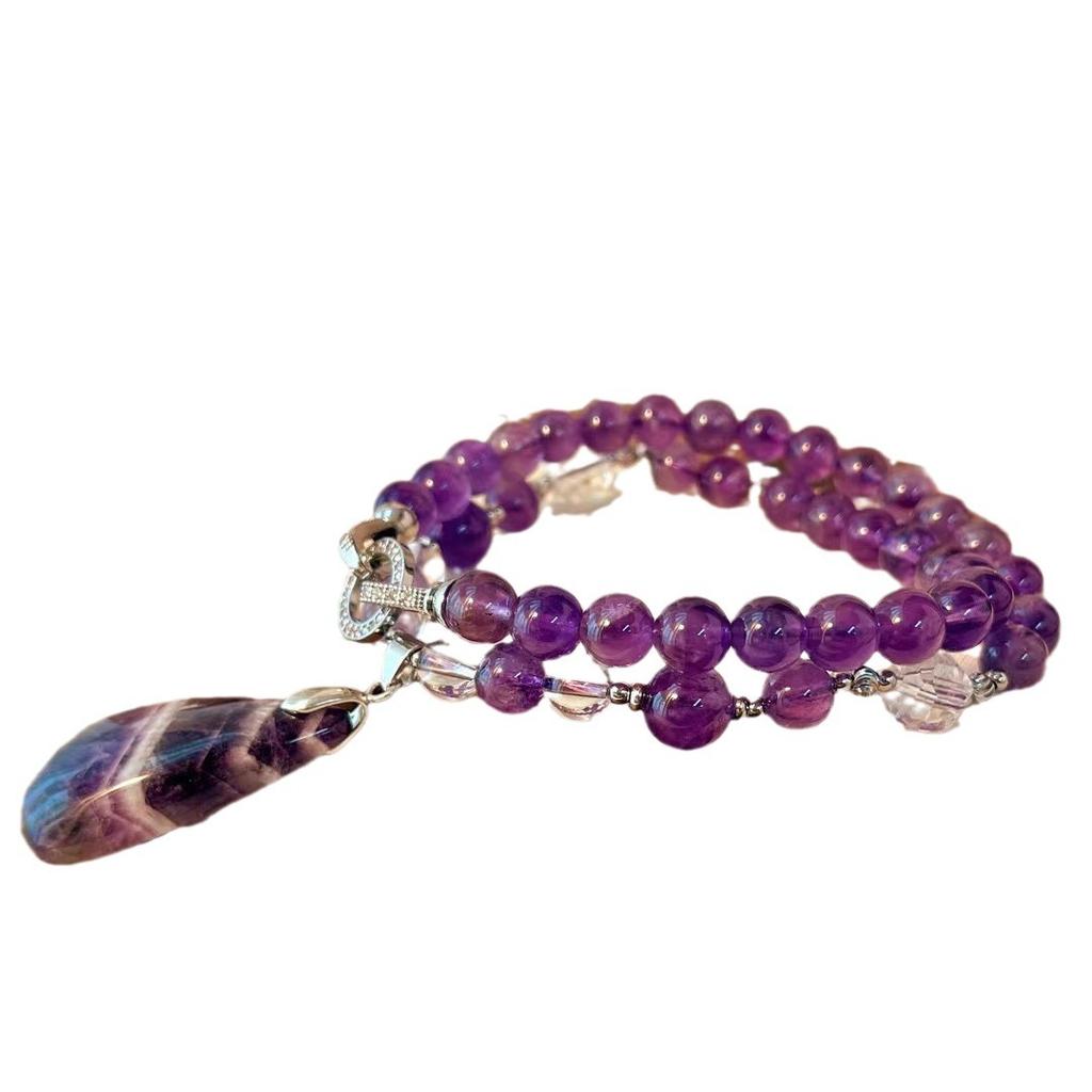 Wisiorek z naturalnego ametystu w kolorze lawendowym, vintage, z koralikami, na łańcuszku do obojczyków