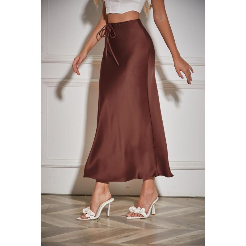 Waist Tie High Satin Drawstring Solid Color Halter Skirt