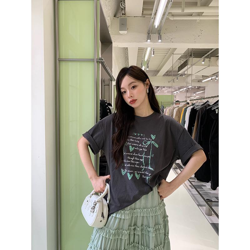 2025 Sommer Französisch G Elch-Print Rundhals Locker Damen Baumwoll-T-Shirt