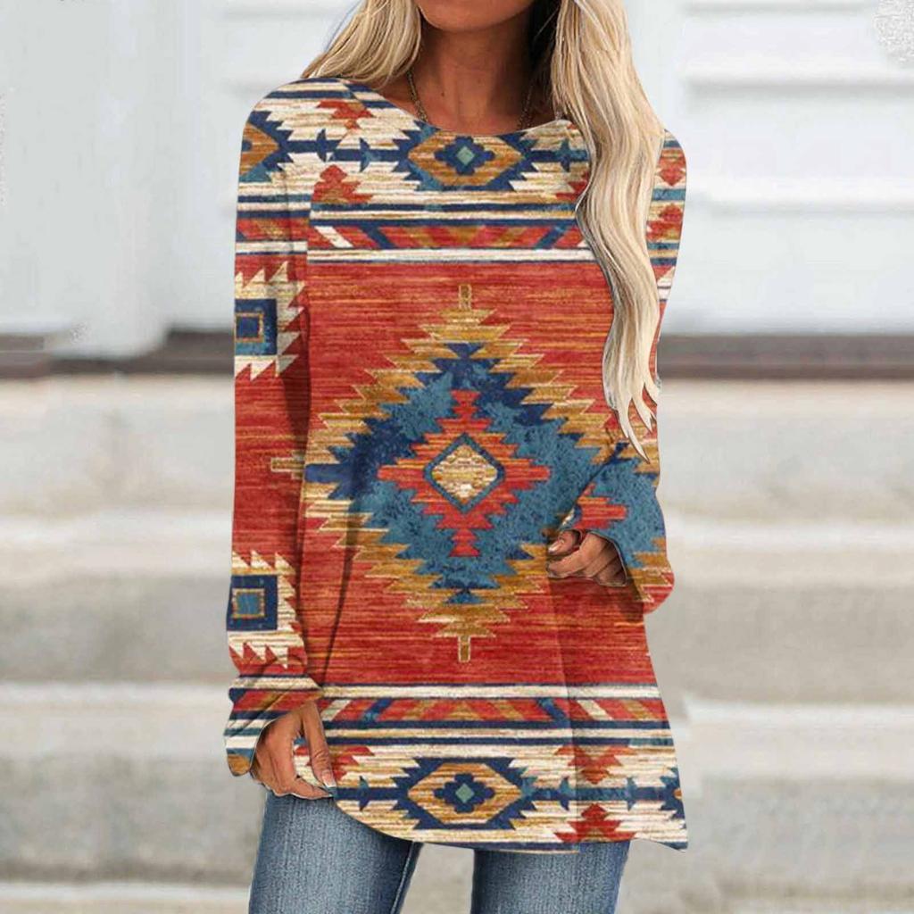 Ethnic tribe geometric print autumn casual comfortable women's long sleeve T-shirt Urban street trend fashion women long sleeve