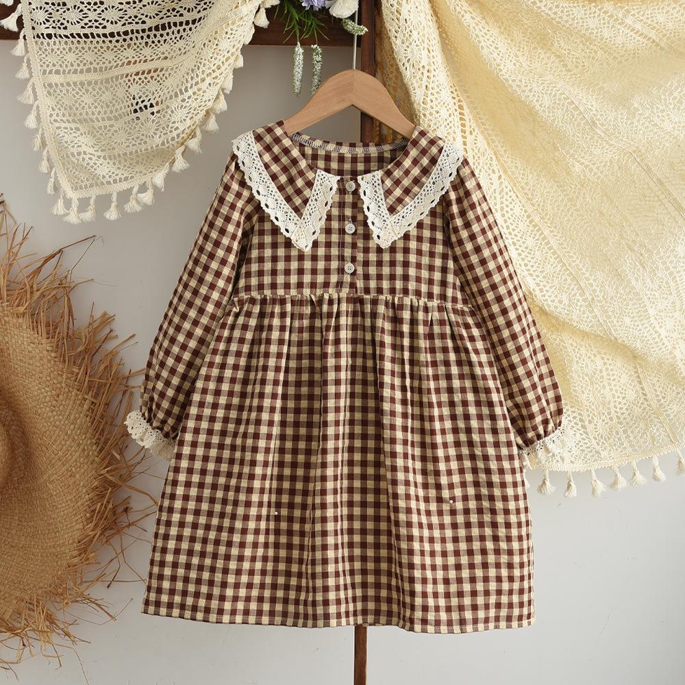 Girls' Autumn Plaid Dress with Lace Collar and Long Sleeves - Yellow and White.