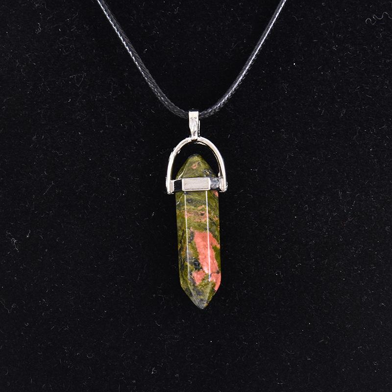 New Hexagonal Column Natural Stone Choker Necklaces Vintage Pink Purple Crystal Pendent Necklace for Women Leather Chain Jewelry
