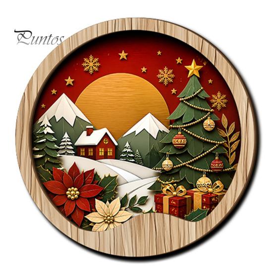 Living Room Wall Ornament Round Wooden Winter Mountain Art with 3D Layered Snow Scenery for Holiday Nature Inspired Home Decor Decor, Rustic Christmas