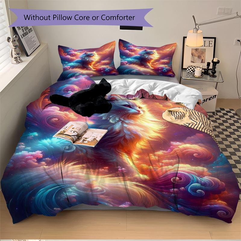 

3 шт. Цветной фэнтезийный комплект постельного белья с котами - Включает один пододеяльник и две наволочки (Нет ядра) - Домашний декор, Праздничный подарок, Полиэстеровая ткань 135x200cm