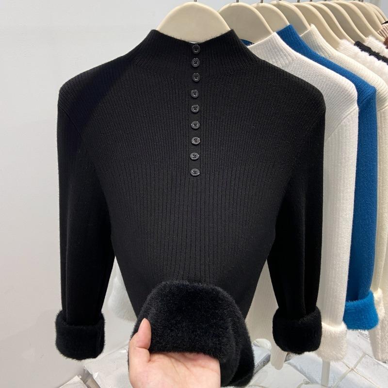 Semi-turtleneck button-knitted sweater women's thickened integrated fleece warm top spring solid color inner bottoming shirt