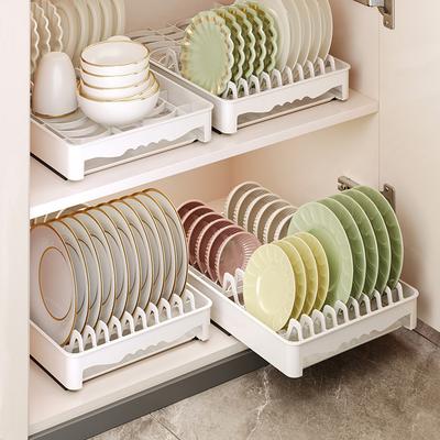 1pc Kitchen Bowl Plate Storage Rack Pull-out Type Tableware Drainboard Cabinet With Track Large-capacity Shelf Kitchen Organizer